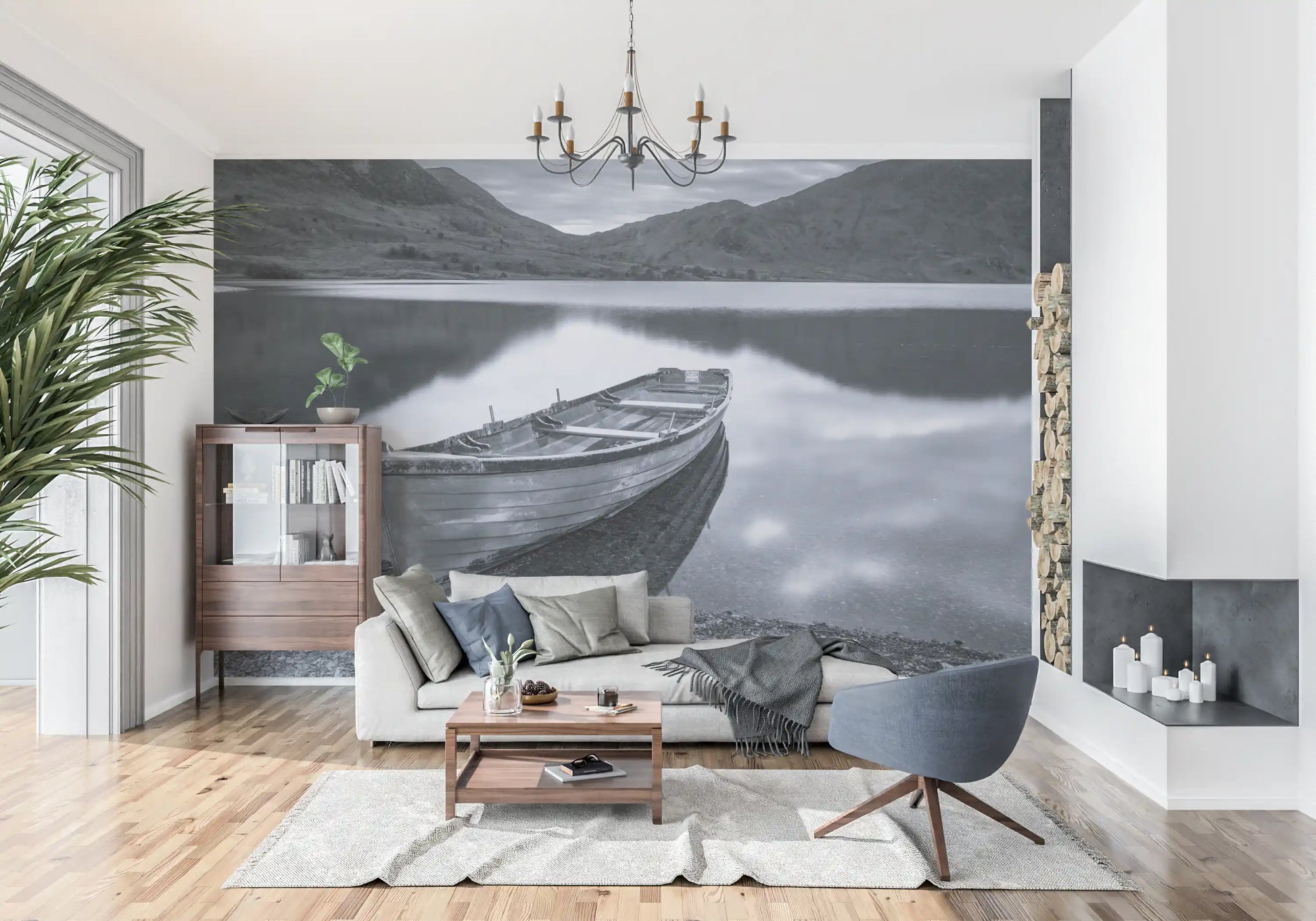 Silent Waters, Distant Peaks Wall Mural with boat and mountains., GD9853