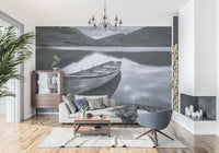 Silent Waters, Distant Peaks Wall Mural with boat and mountains., GD9853