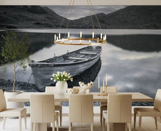 Silent Waters, Distant Peaks Wall Mural with lake view for dining room.
