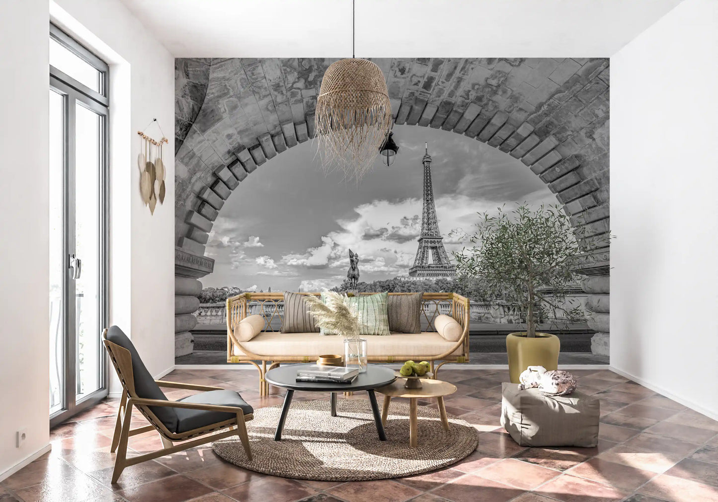 Monochrome stone architecture vista wall mural for hallway with city landmark