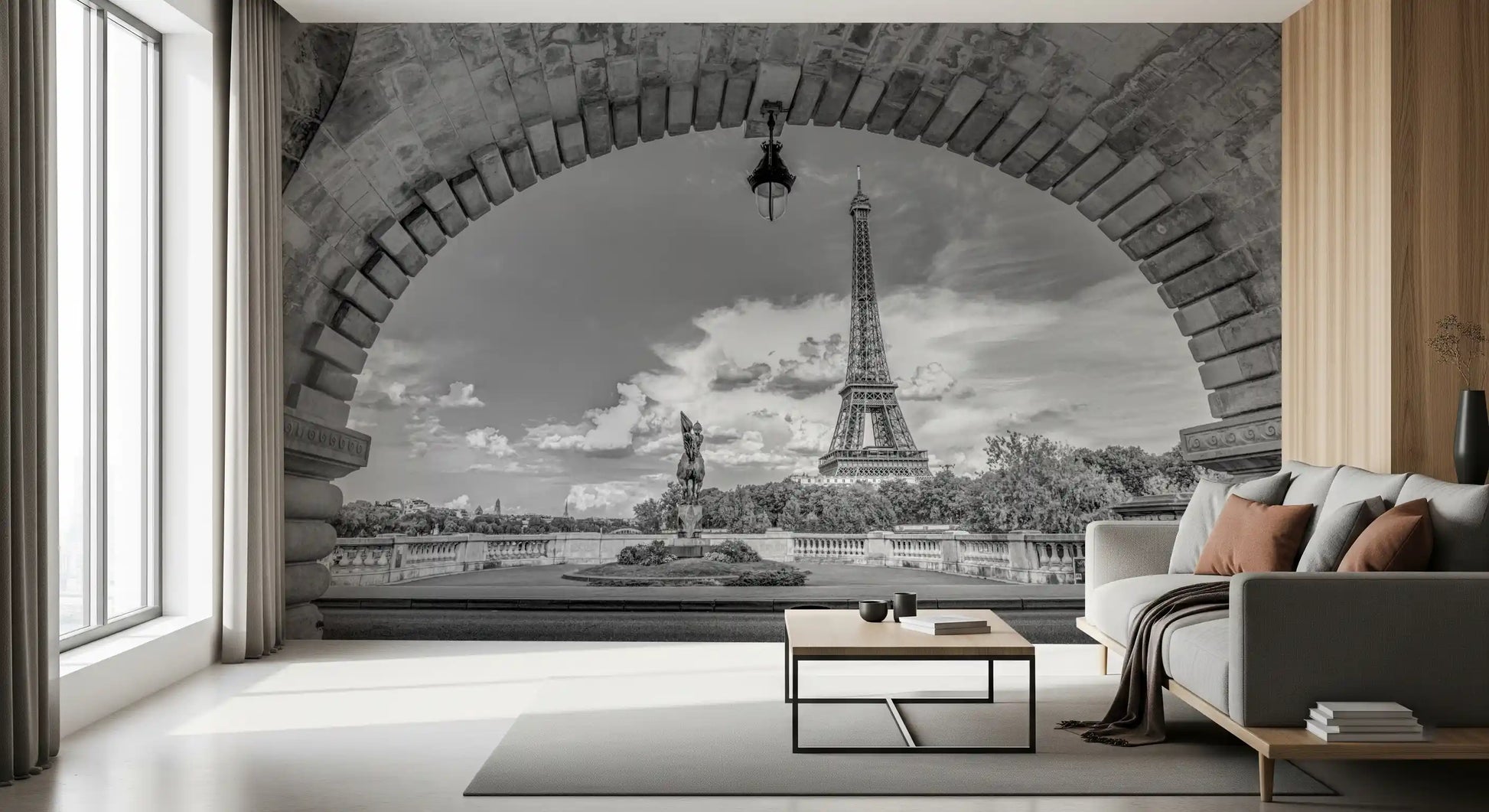 Grey color Parisian wall mural with stone archway and lantern light.