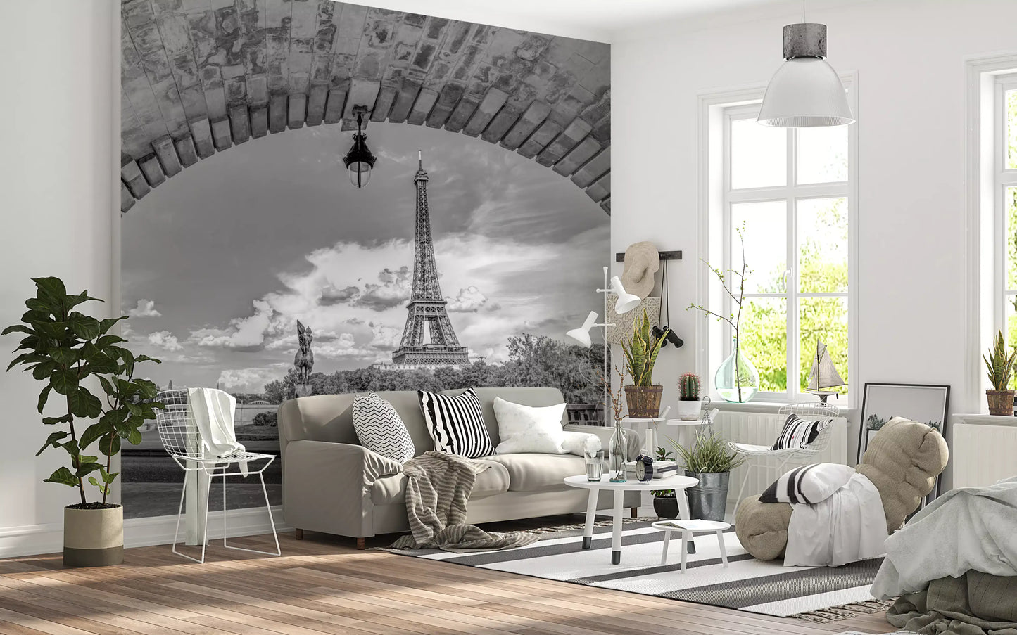 Historic Paris skyline vista wall mural in black and white grey tones