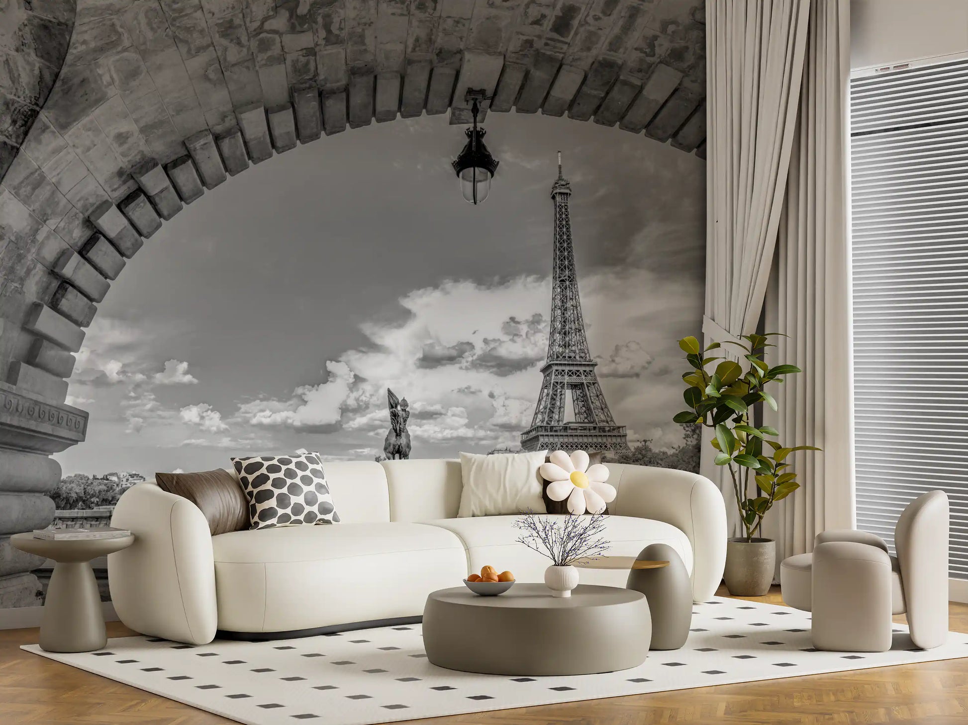 Grey tone stone bridge arch Timeless Parisian Wall Mural for living room.
