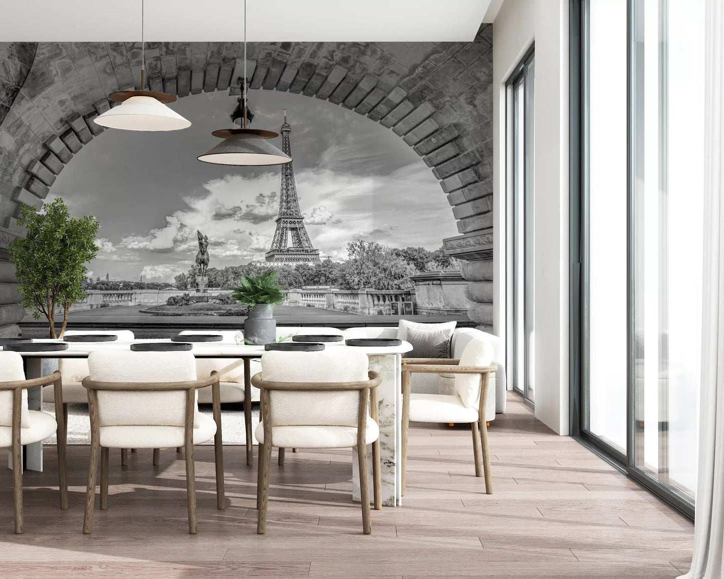 Black and white Parisian wall mural featuring Eiffel Tower view and stone arch