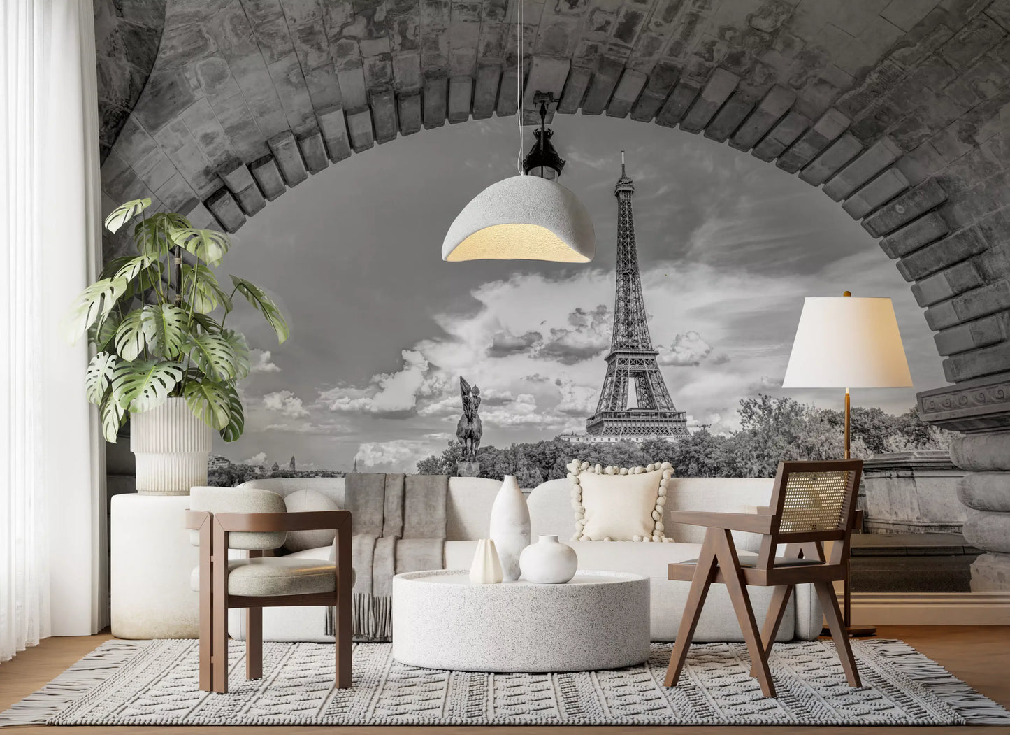 Grey scale city vista wall mural for lounge featuring historic Paris landmark