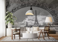 Grey scale city vista wall mural for lounge featuring historic Paris landmark