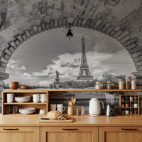 City landmark through arch Timeless Parisian Vista Wall Mural for kitchen.