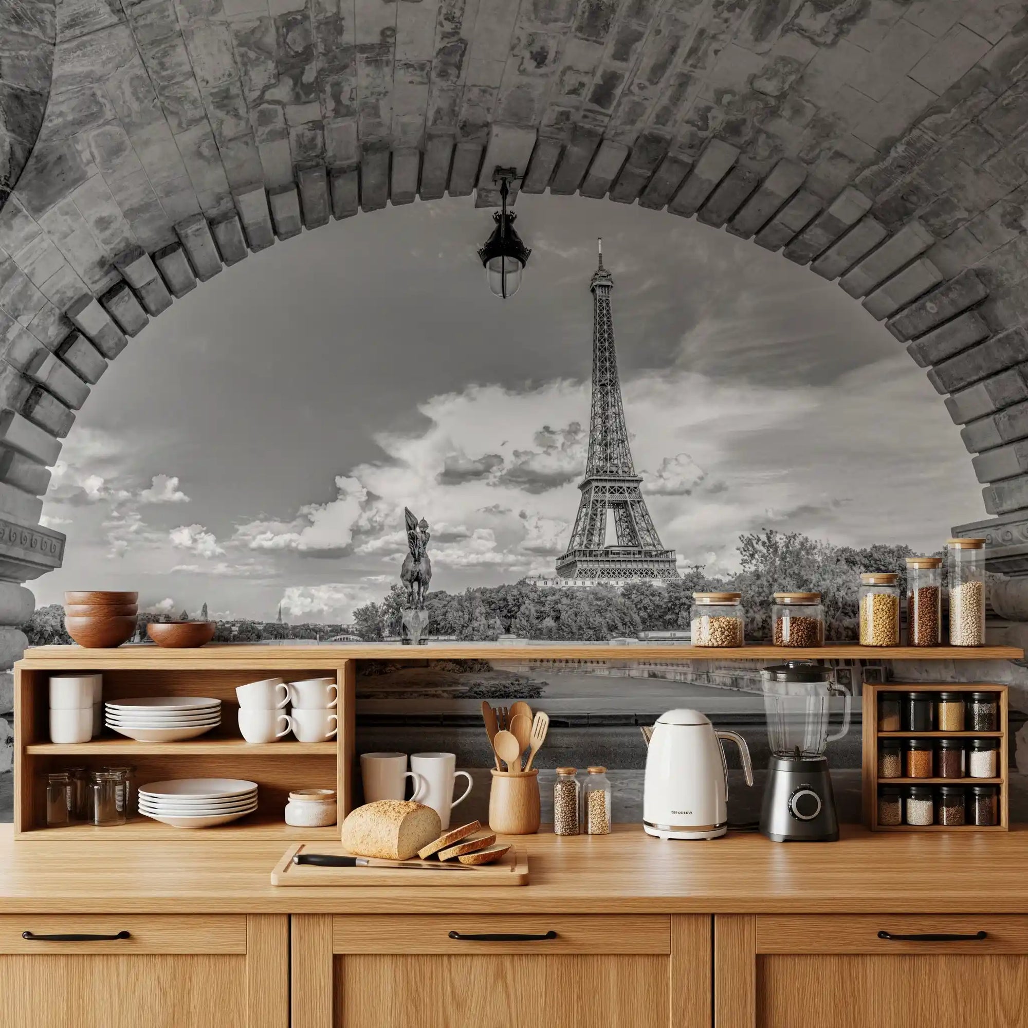 City landmark through arch Timeless Parisian Vista Wall Mural for kitchen., GD9854
