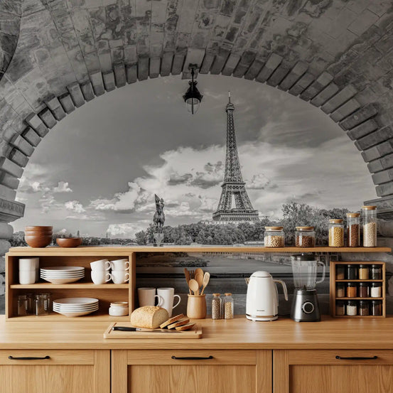 City landmark through arch Timeless Parisian Vista Wall Mural for kitchen., GD9854