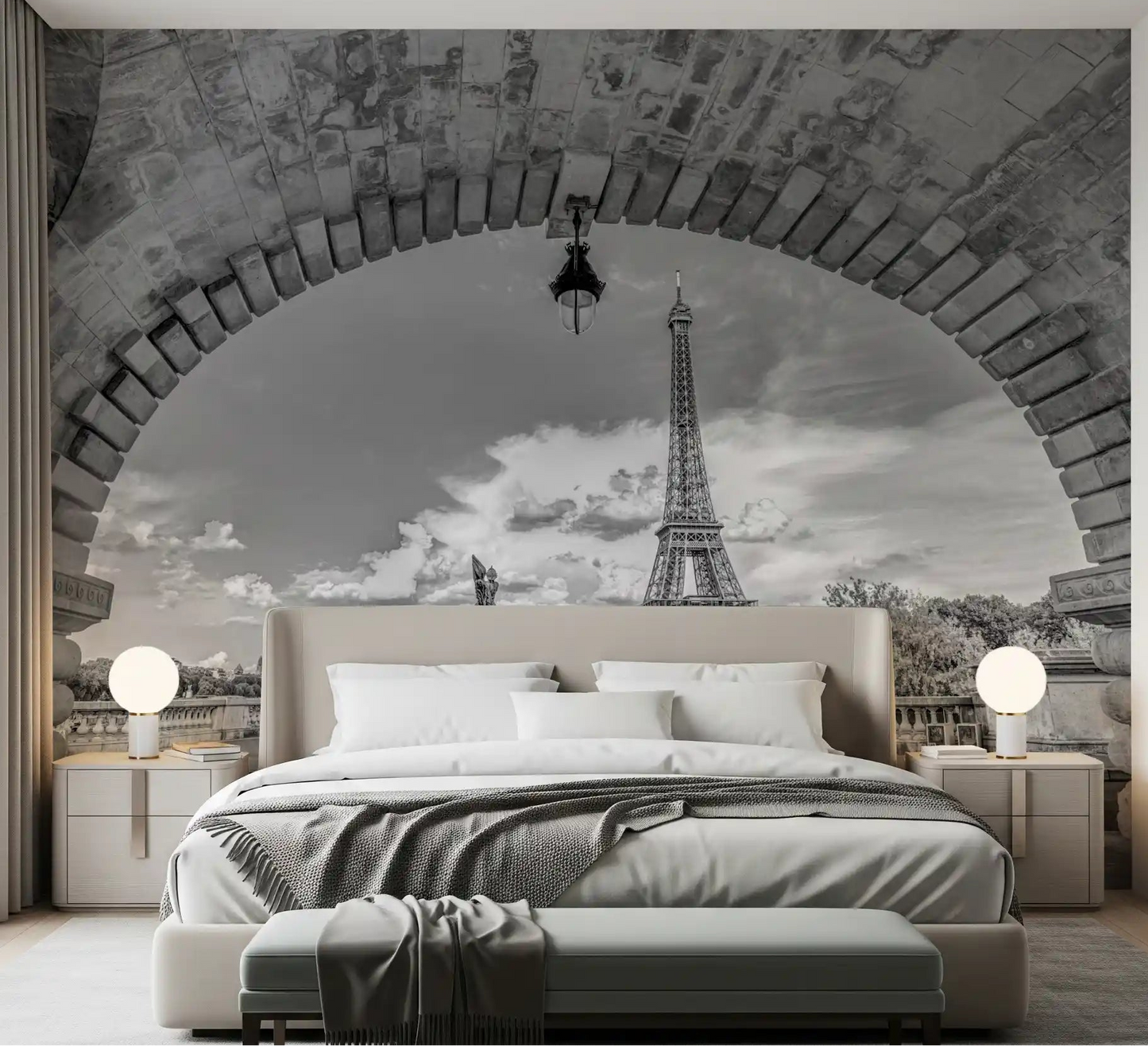 Monochrome Paris landscape view with Timeless Vista Wall Mural for bedroom.