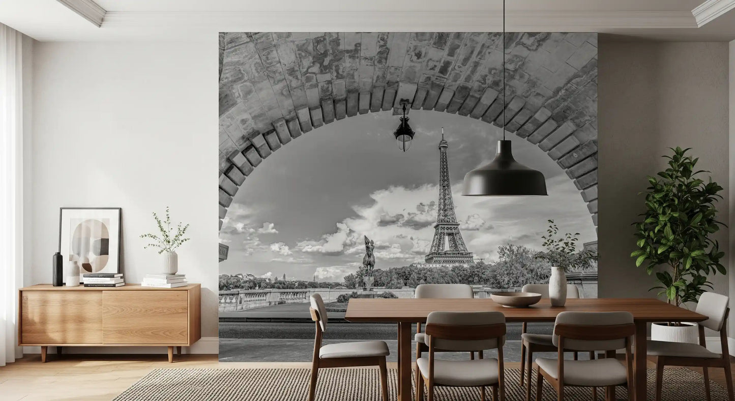 Black and white Eiffel Tower stone arch Timeless Parisian Vista Wall Mural.