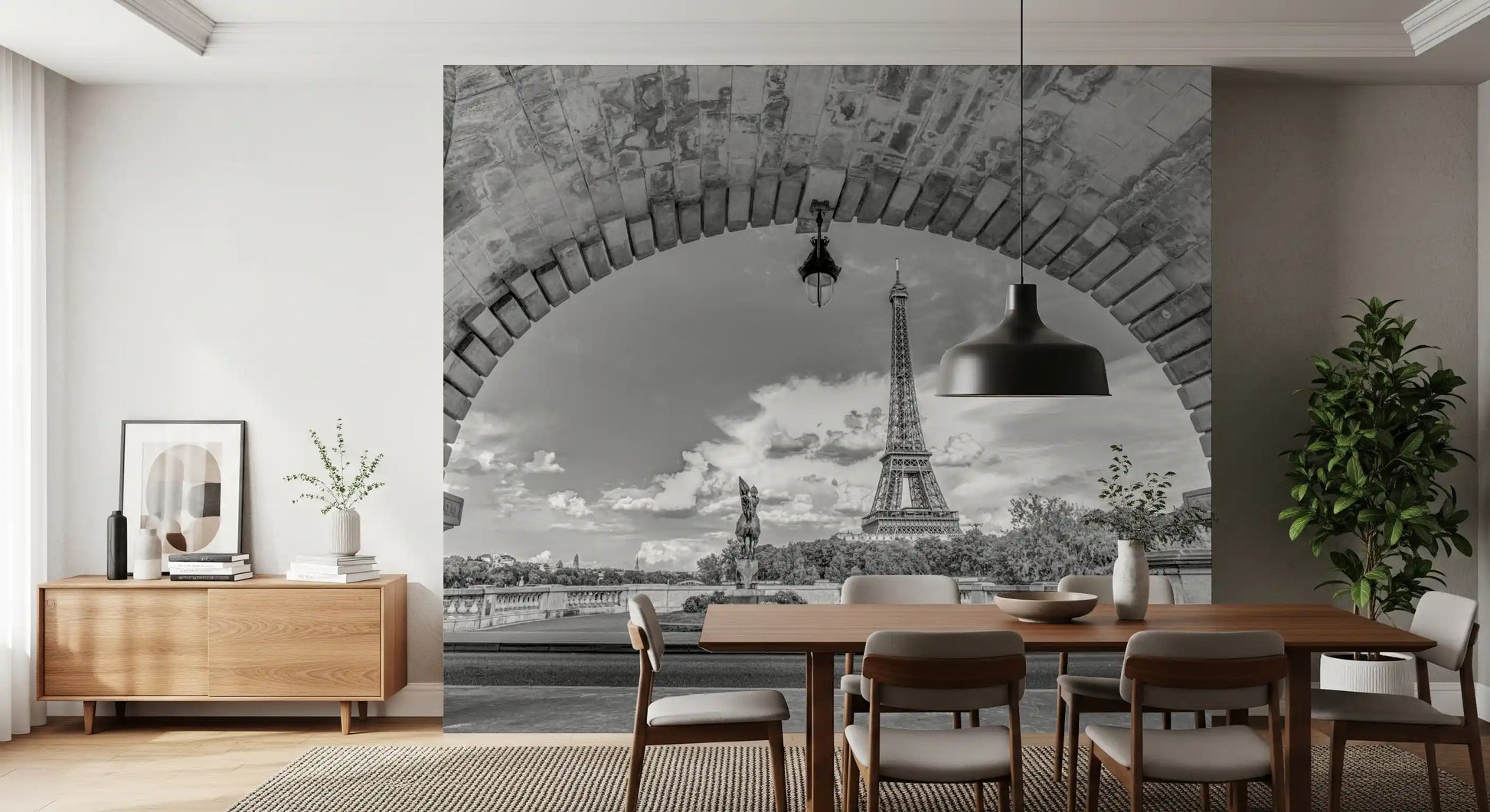 Black and white Eiffel Tower stone arch Timeless Parisian Vista Wall Mural.