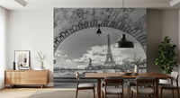 Black and white Eiffel Tower stone arch Timeless Parisian Vista Wall Mural.
