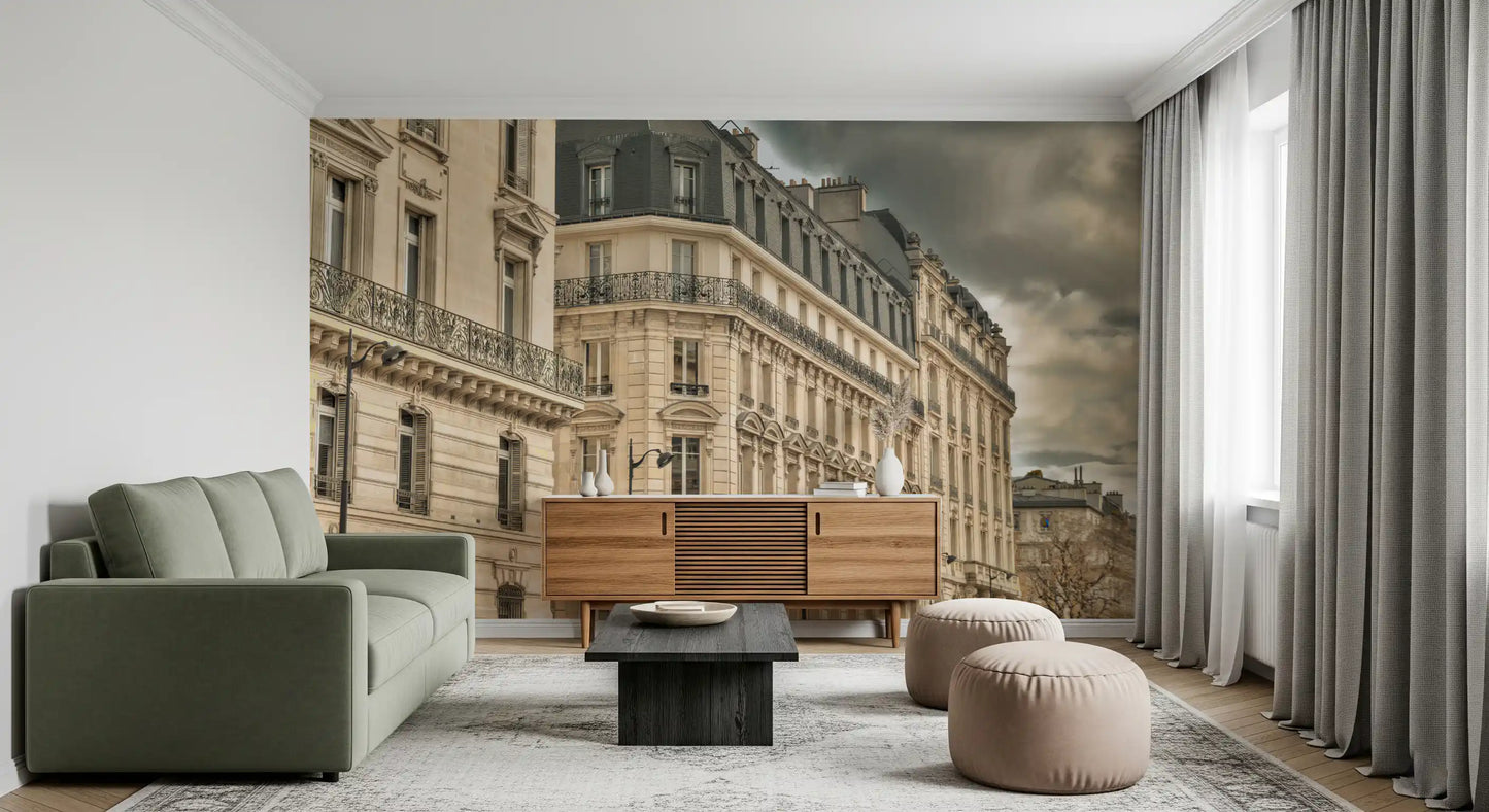 Dramatic skies wall mural with cream stone facades and dark mansard roofs.