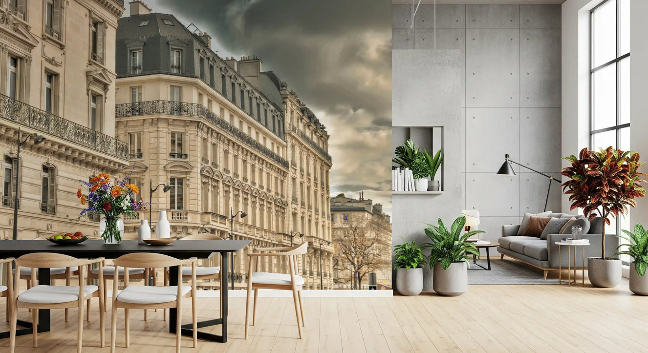 Parisian Facades & Dramatic Skies Wall Mural with cream stone architecture.