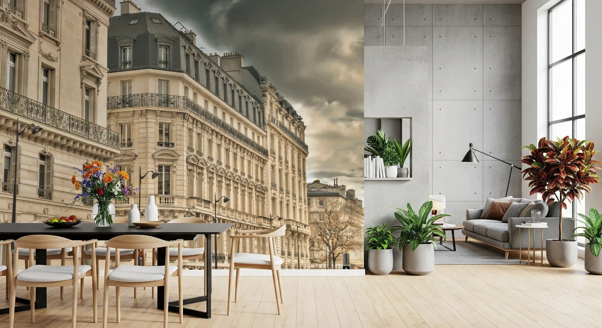 Parisian Facades & Dramatic Skies Wall Mural with cream stone architecture.