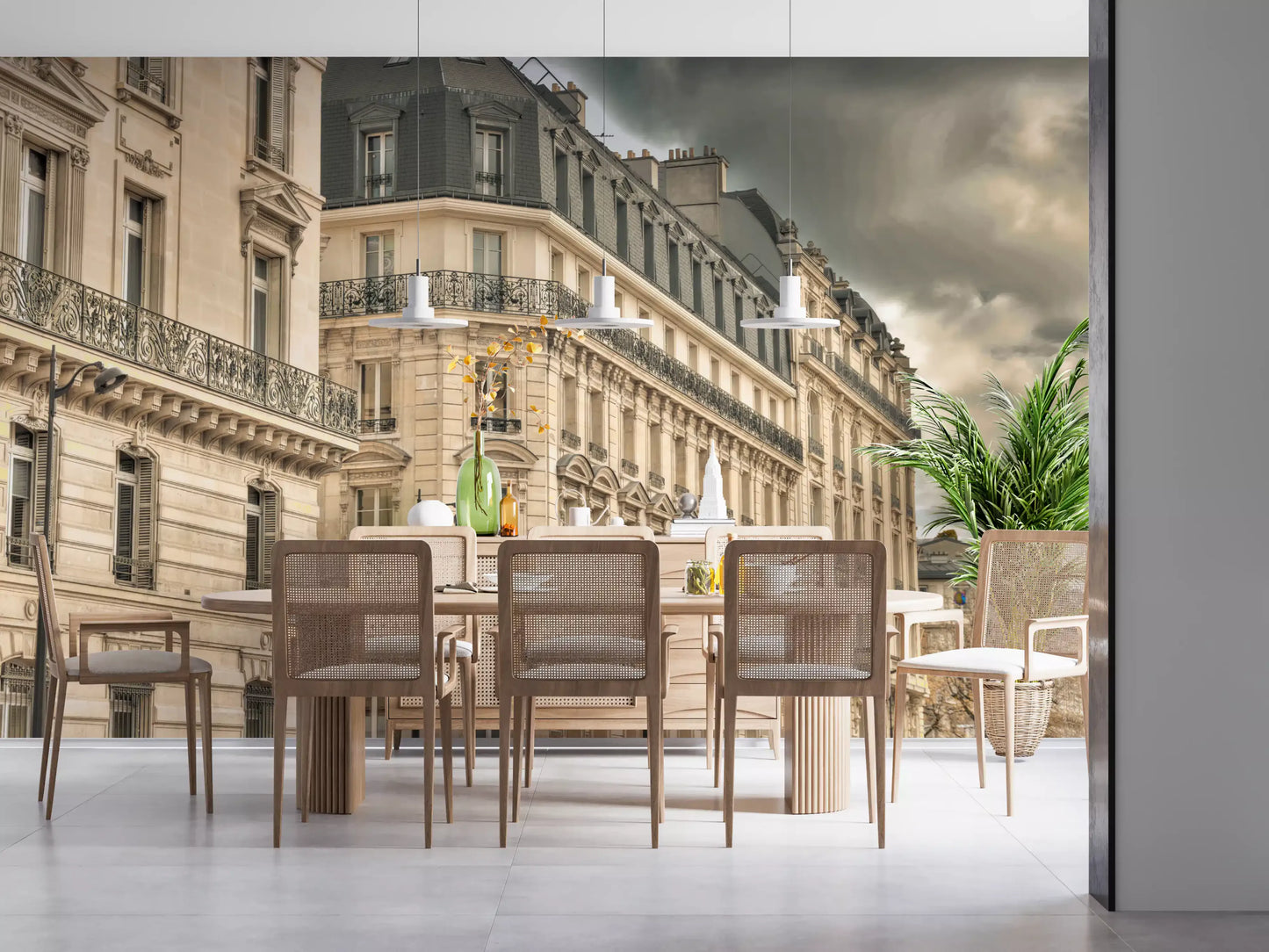 Cream colored facade wall mural suitable for a minimalist dining room.