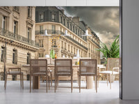 Cream colored facade wall mural suitable for a minimalist dining room.