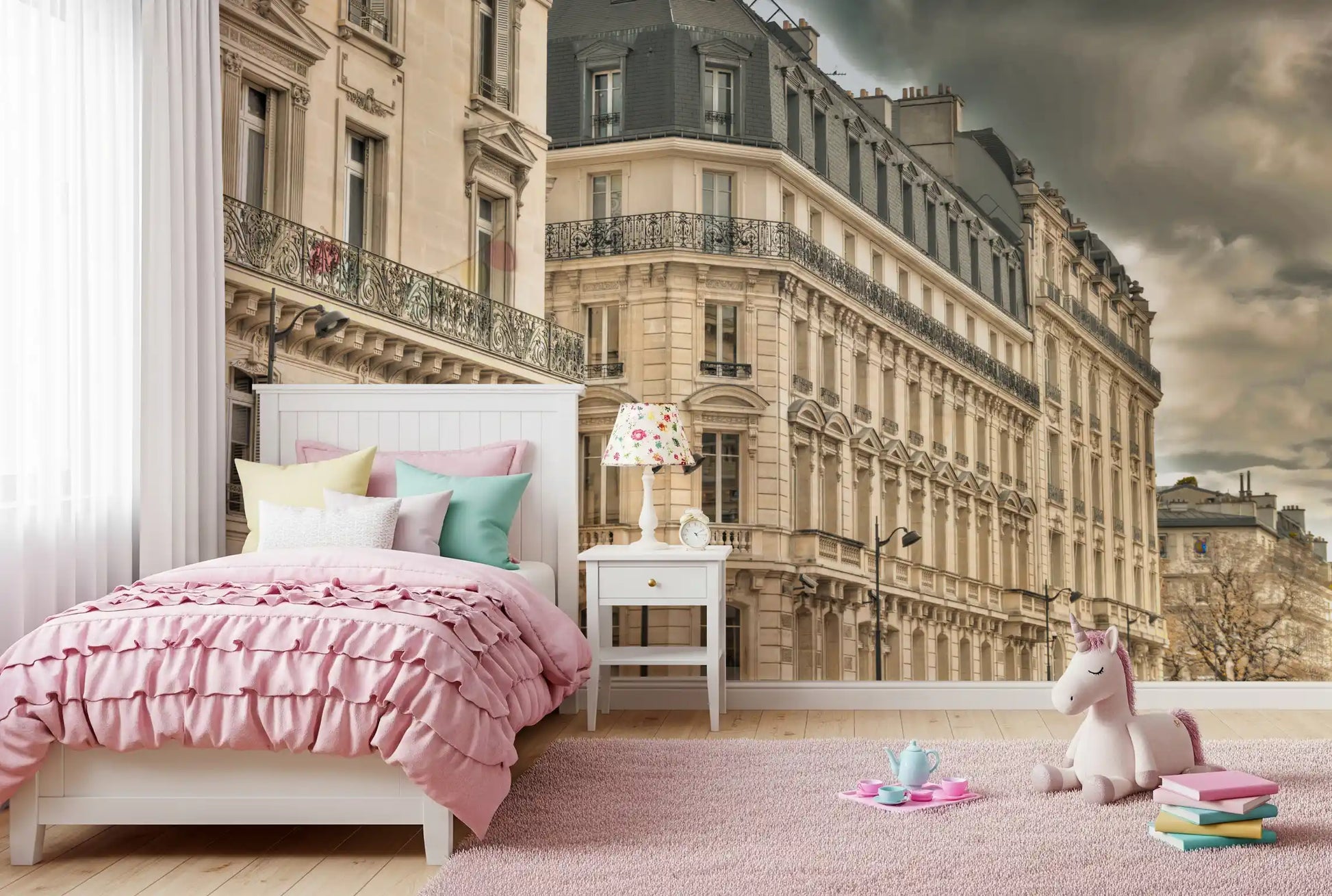 Haussmann style facade wall mural featuring detailed iron balconies in kids bedroom.