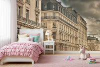 Haussmann style facade wall mural featuring detailed iron balconies in kids bedroom.