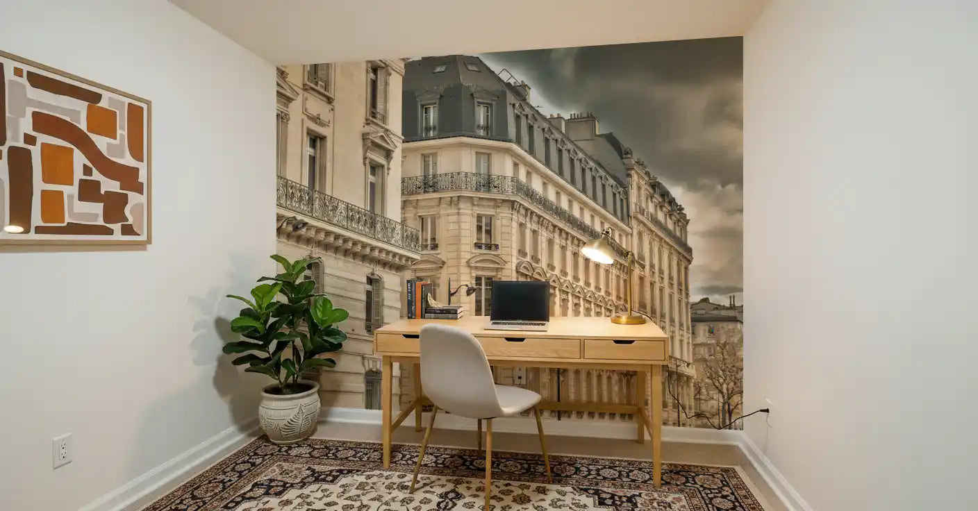 Parisian Facades & Dramatic Skies Wall Mural depicting heritage stone buildings for study room.