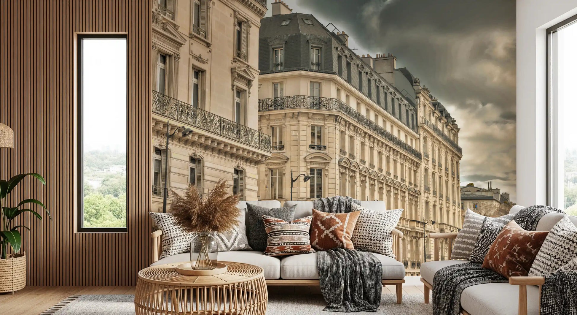 Parisian Facades & Dramatic Wall Mural with a stormy sky and stone walls.