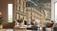 Parisian Facades & Dramatic Wall Mural with a stormy sky and stone walls.