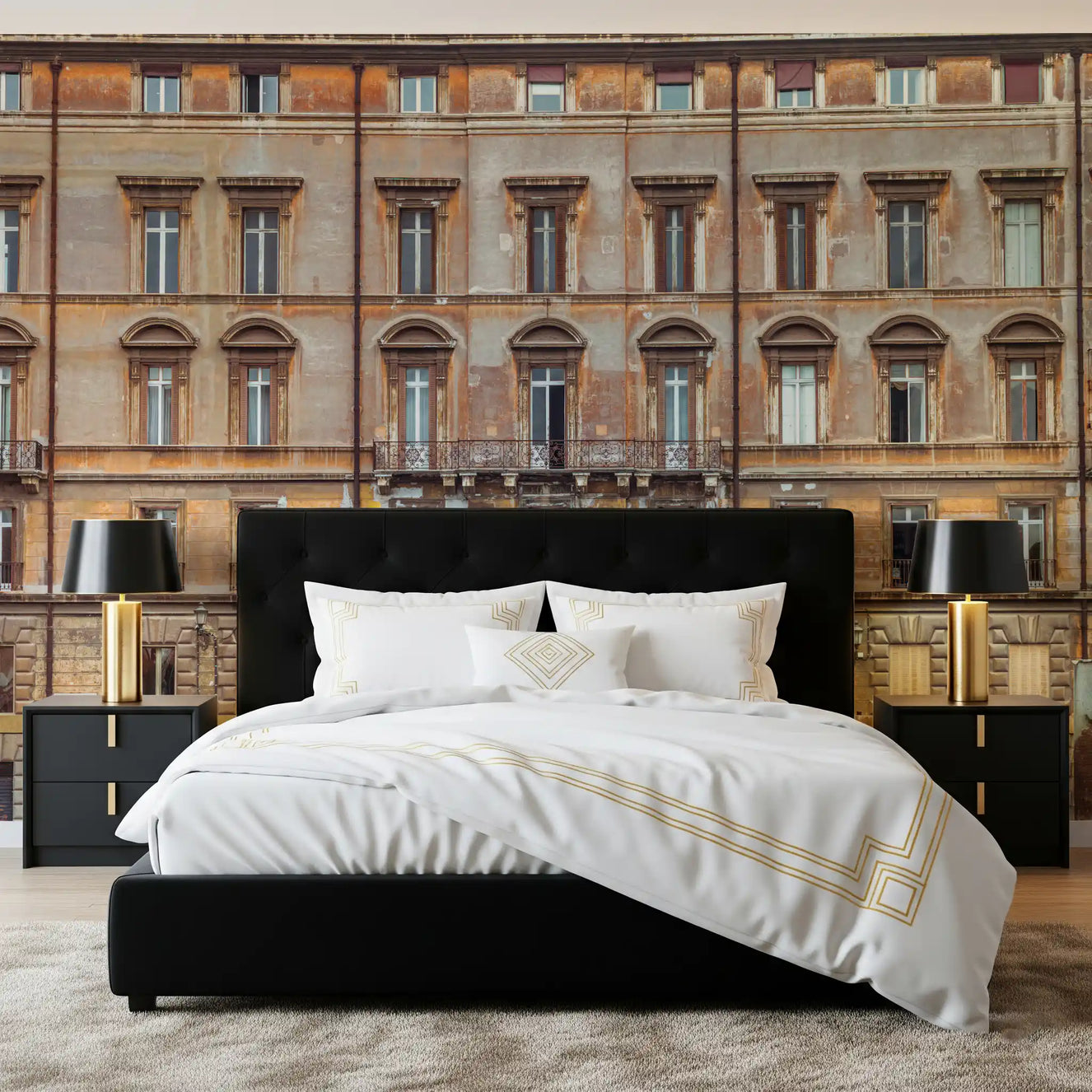 European Grandeur Facade Wall Mural for a minimalist bedroom backdrop.
