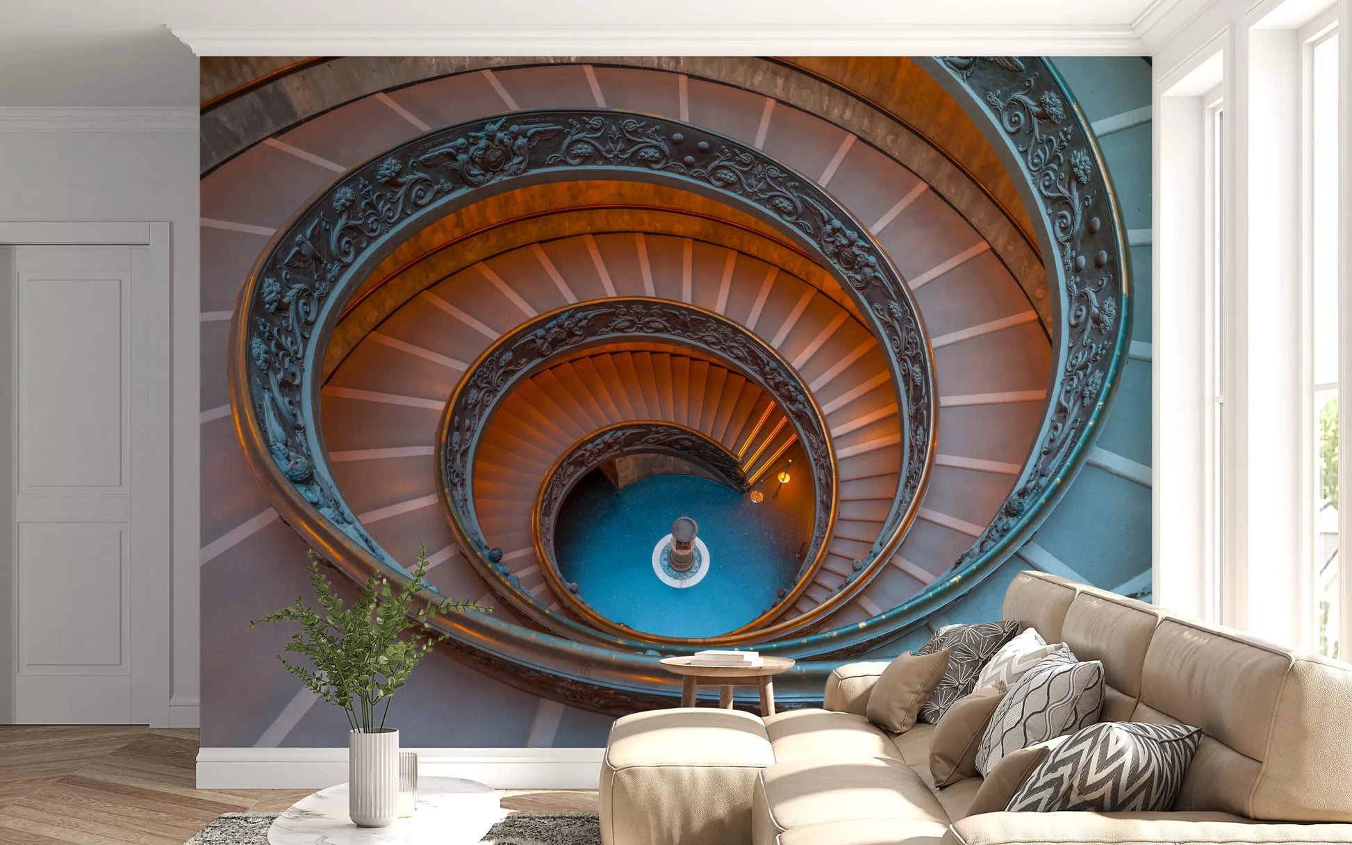 Wide angle architectural spiral staircase wall mural for a bright living space., GD9857