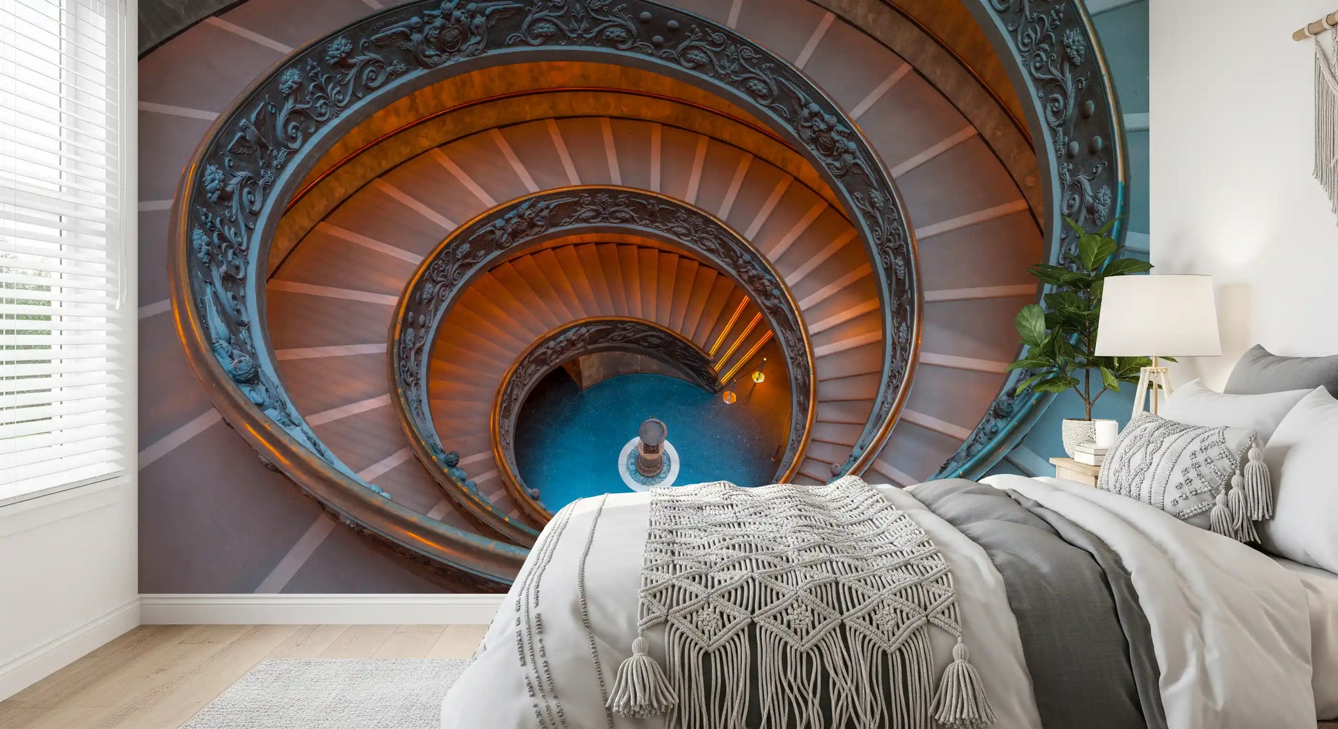 Detailed bronze railings on a spiral staircase wall mural for a bedroom, GD9857