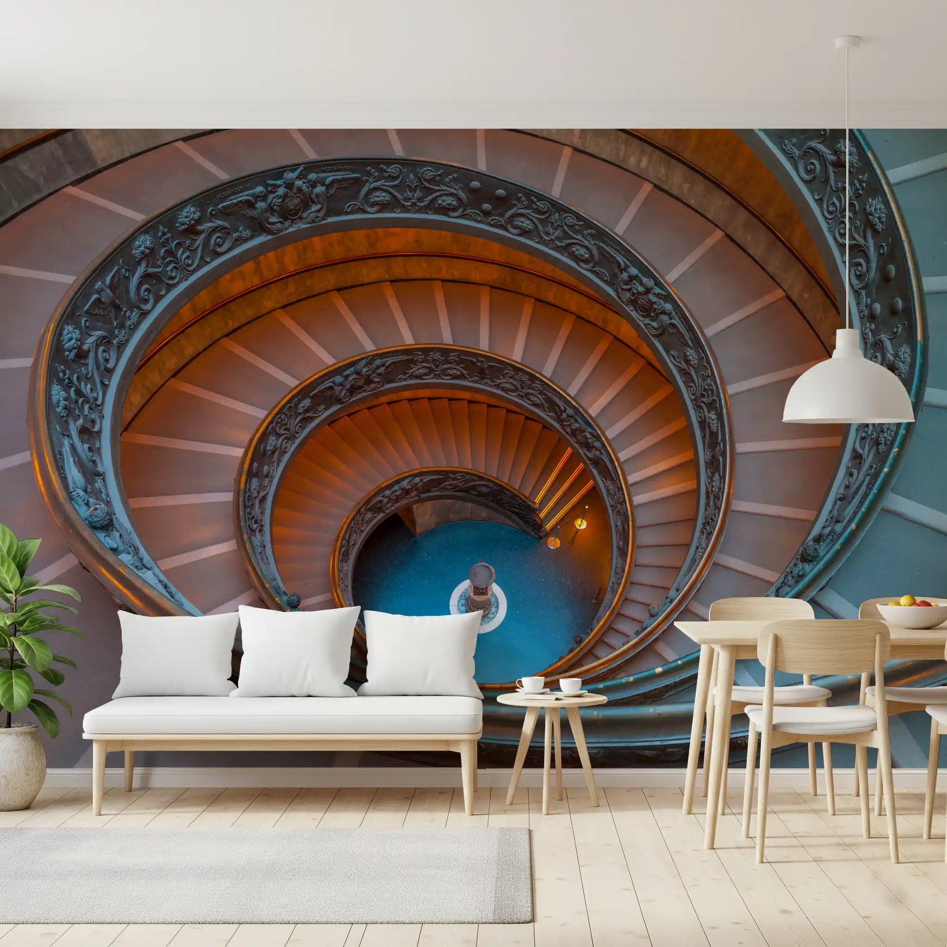 A top down view of a classical stone staircase wall mural in a home interior., GD9857