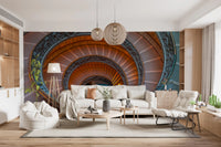 Vatican style spiral staircase wall mural with intricate carved metal details., GD9857