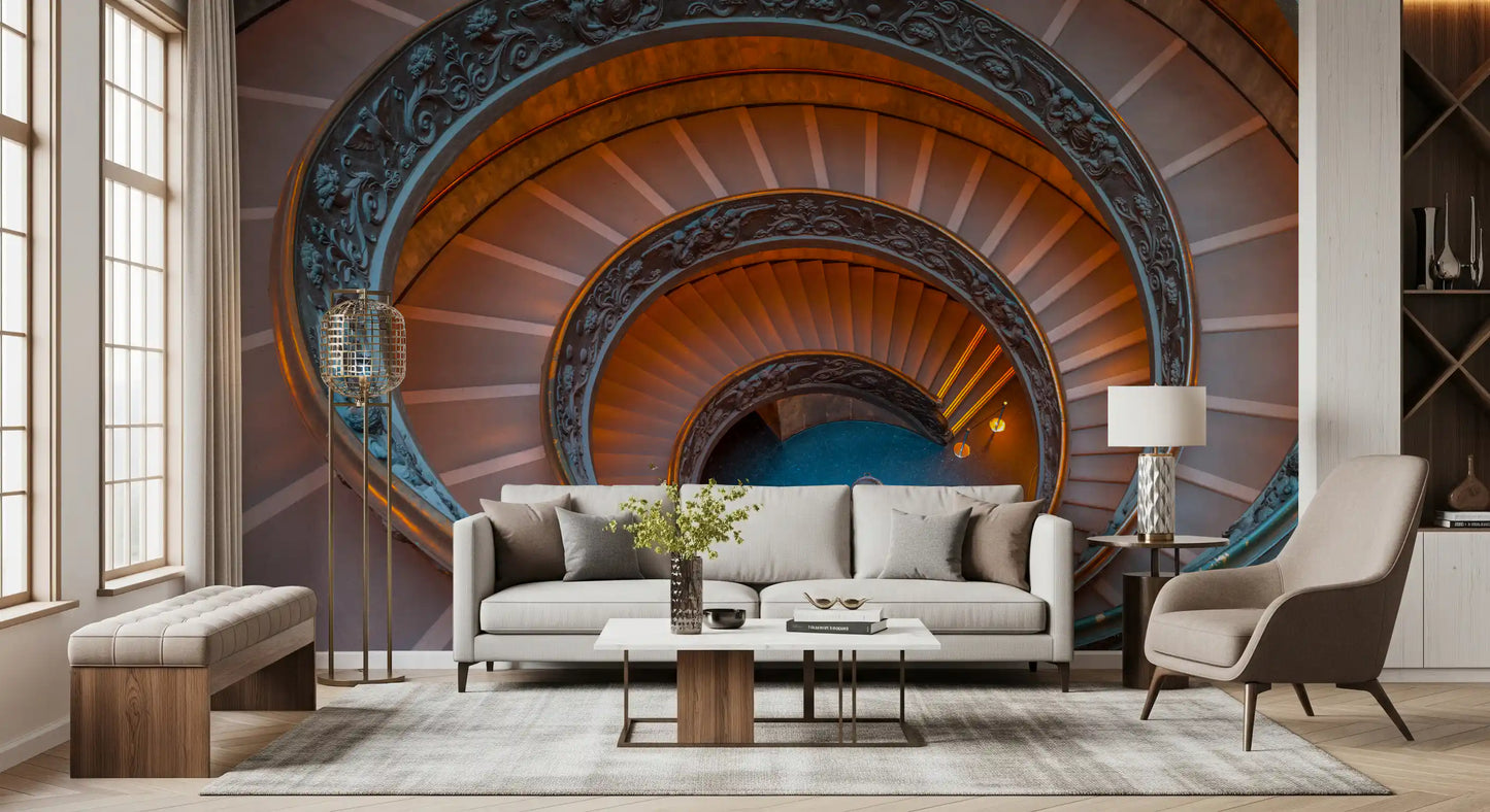 Modern hallway wall mural featuring a bronze metal spiral staircase design., GD9857