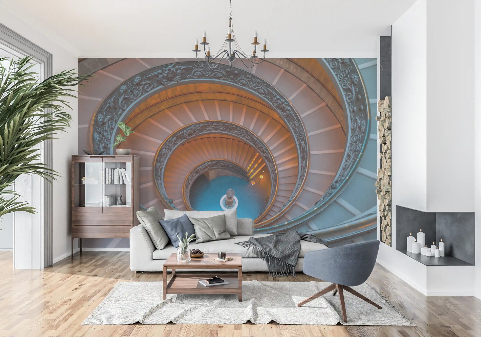 Grey and bronze architectural spiral staircase wall mural for an entryway., GD9857