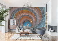 Grey and bronze architectural spiral staircase wall mural for an entryway., GD9857
