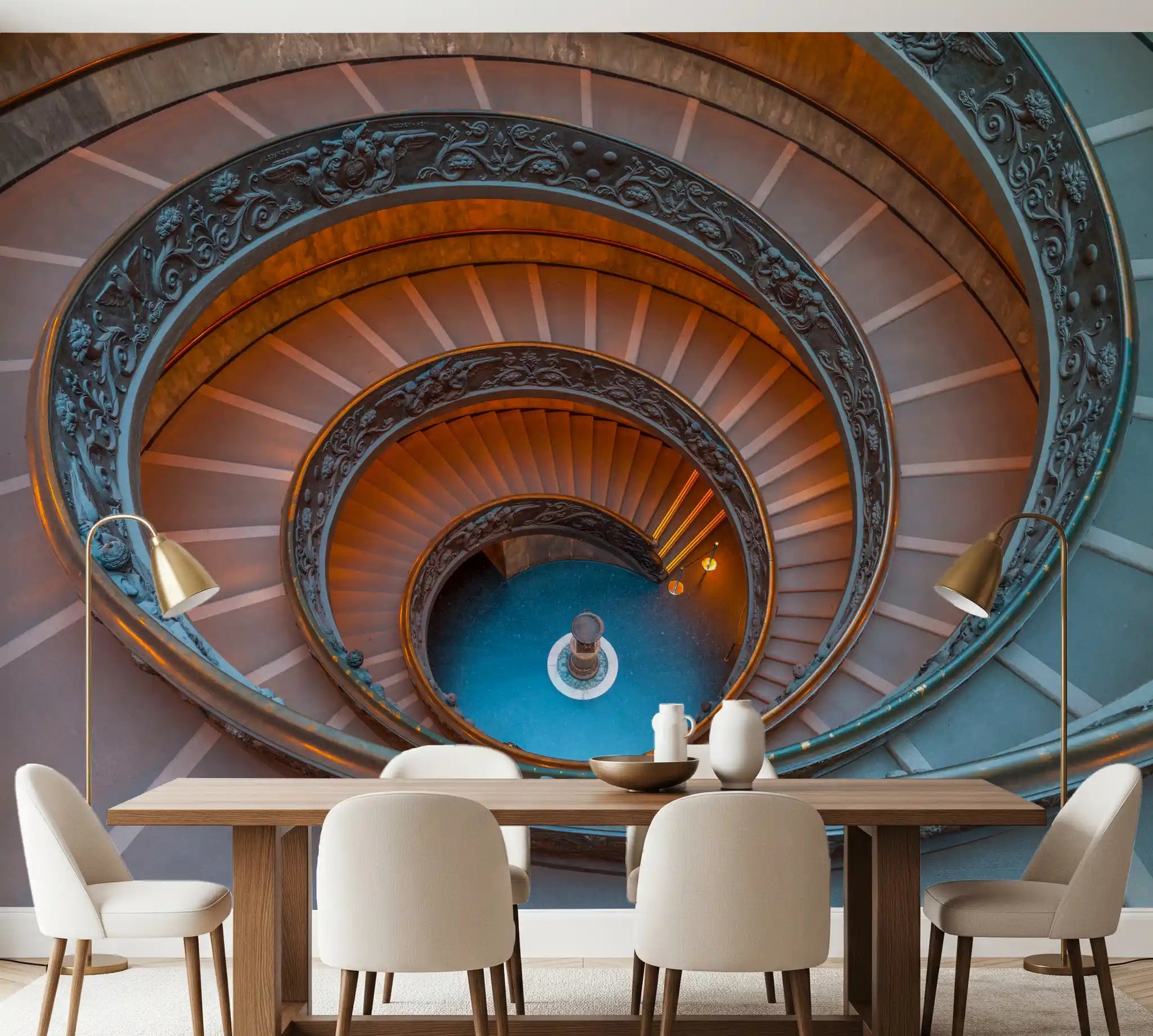 Ornate bronze spiral staircase wall mural for a modern dining room setting., GD9857