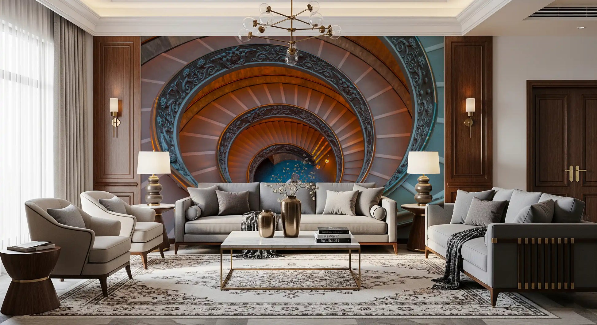 Bramante's Infinite Ascent Wall Mural featuring grey stone steps and blue floor., GD9857