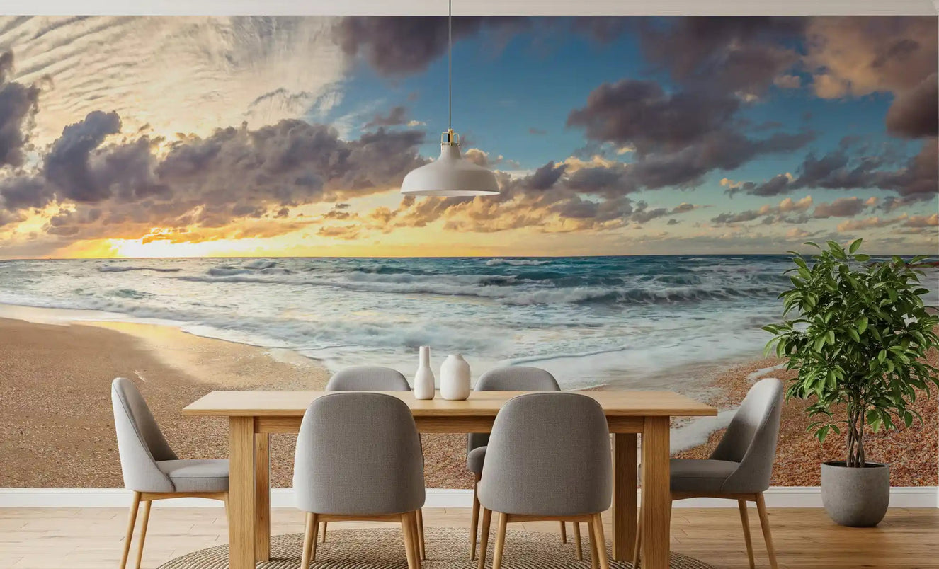 Sandy beach view Golden Shoreline Serenity Wall Mural for dining room.