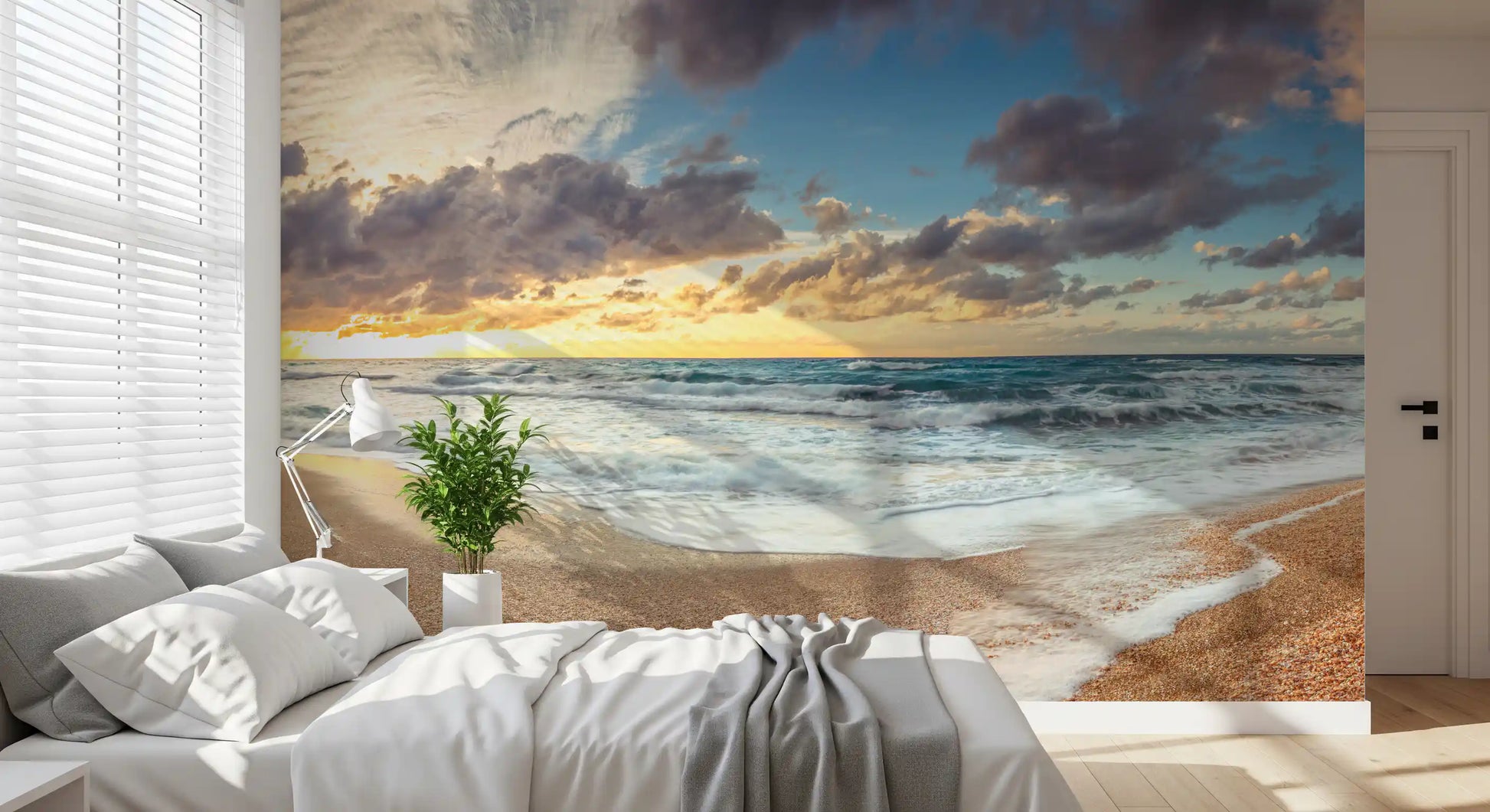 Serenity wall mural with sandy coast and rocky cliff for bedroom interior.