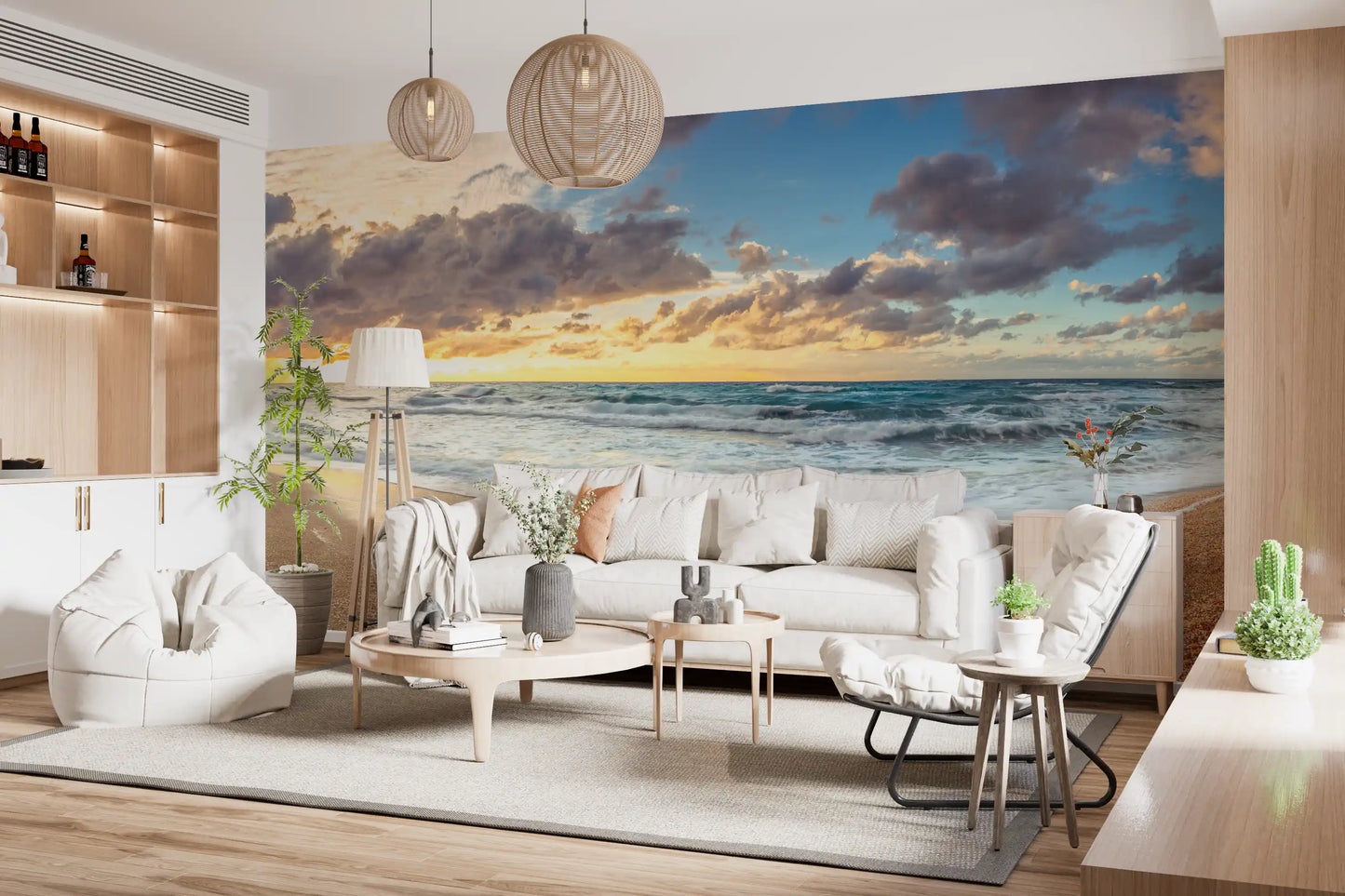 Shoreline wall mural featuring white sea foam and golden sunlight in living room.