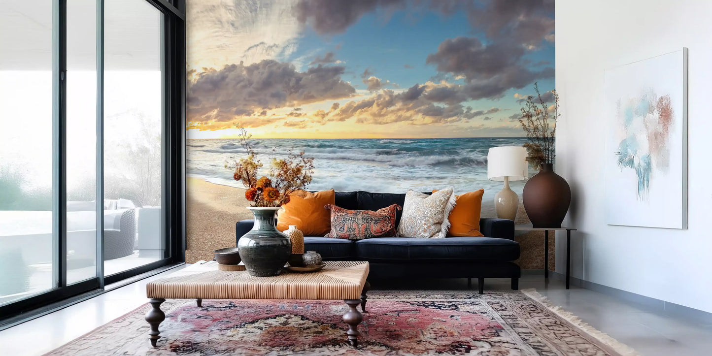 Golden wall mural with coastal cliff and sunset sky for sunlit living room.