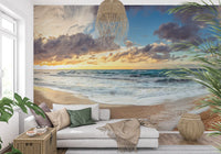 Shoreline wall mural with foam on sand and grey clouds for hallway.