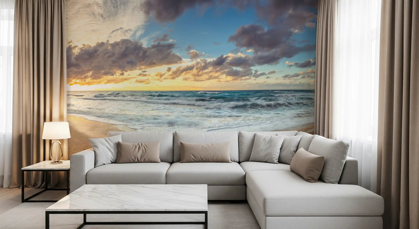 Golden Shoreline Serenity Wall Mural shows waves and pebble shore.