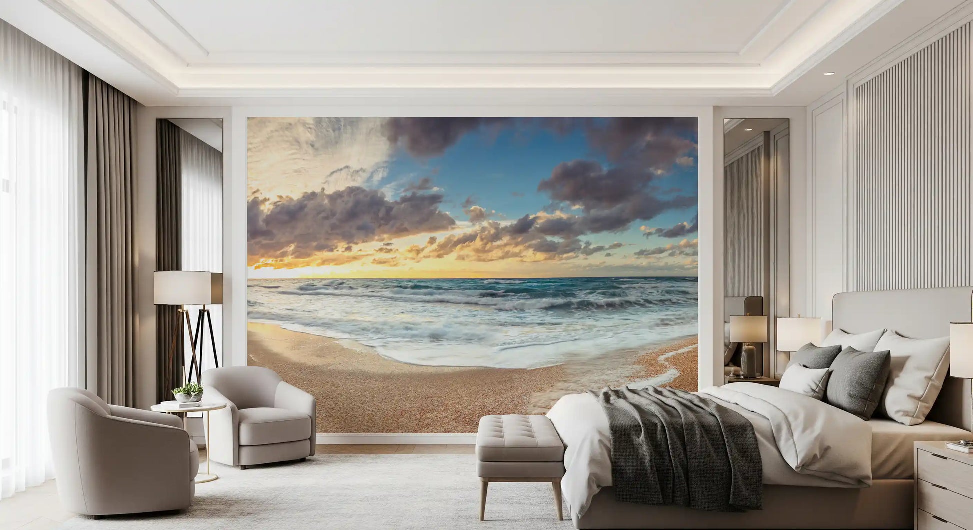 Shoreline wall mural with grey clouds and blue ocean water scene.