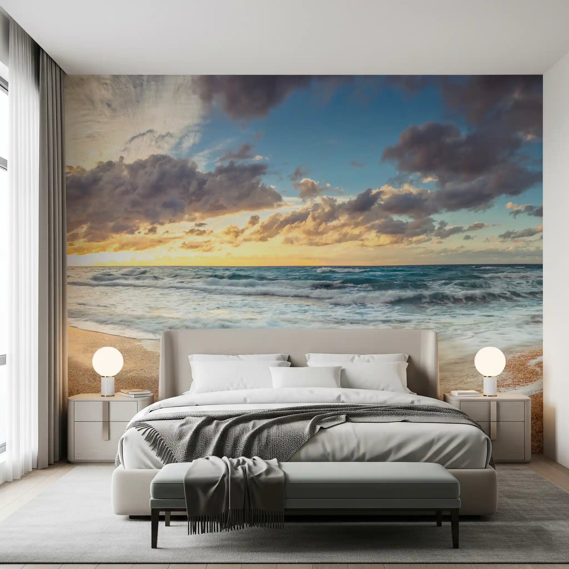Golden Shoreline Serenity Wall Mural with sunset beach and clouds in master bedroom.