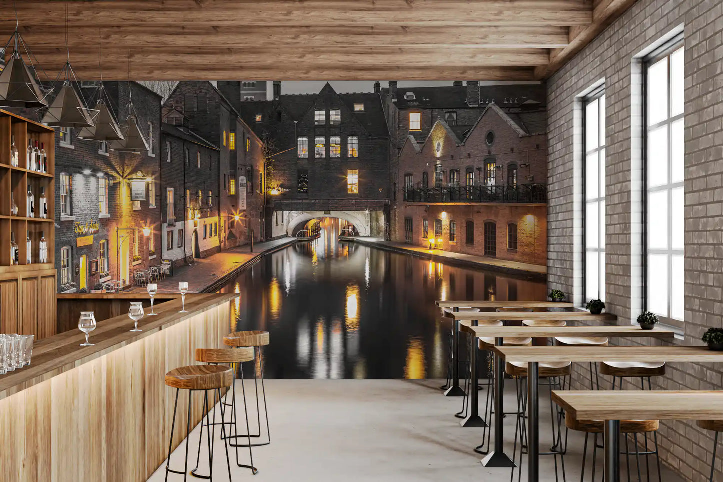 Brown brick walls and glowing windows in an urban wall mural for bar interior., GD9859
