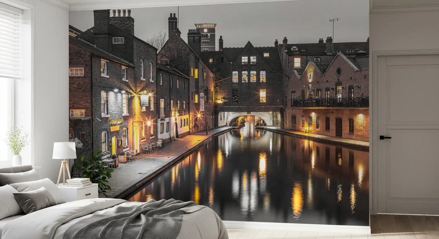 Evening cityscape mural for a feature wall in a modern bedroom area., GD9859