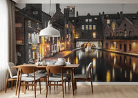 Historical city canal scene with an arched bridge in a scenery wall mural., GD9859