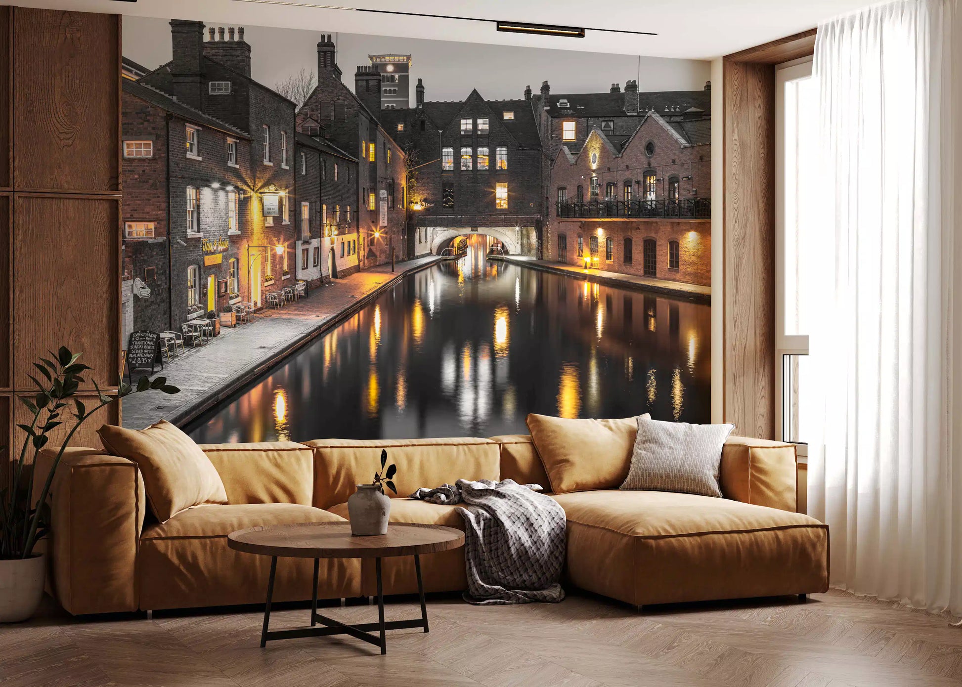 Grey sky over a dark city canal with yellow lamp light wall mural., GD9859