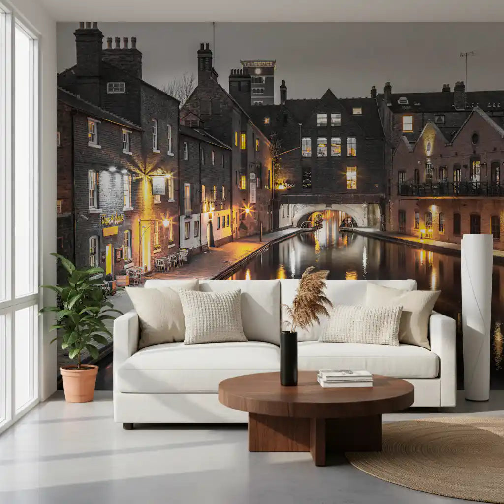 Evening waterway reflecting yellow lights in this urban canal wall mural., GD9859